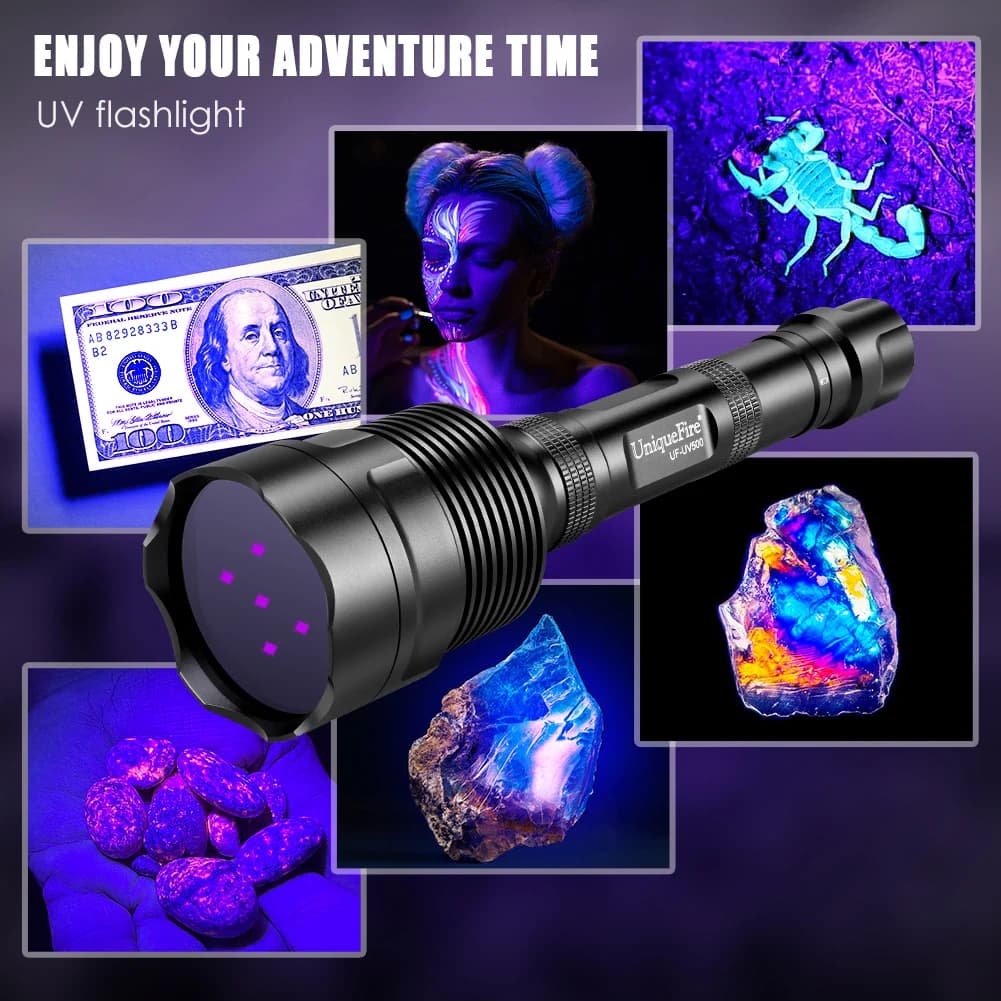 UniqueFire 50W UV500 365NM lampe de poche LED à lumière noire haute puissance et faisceau de qualité