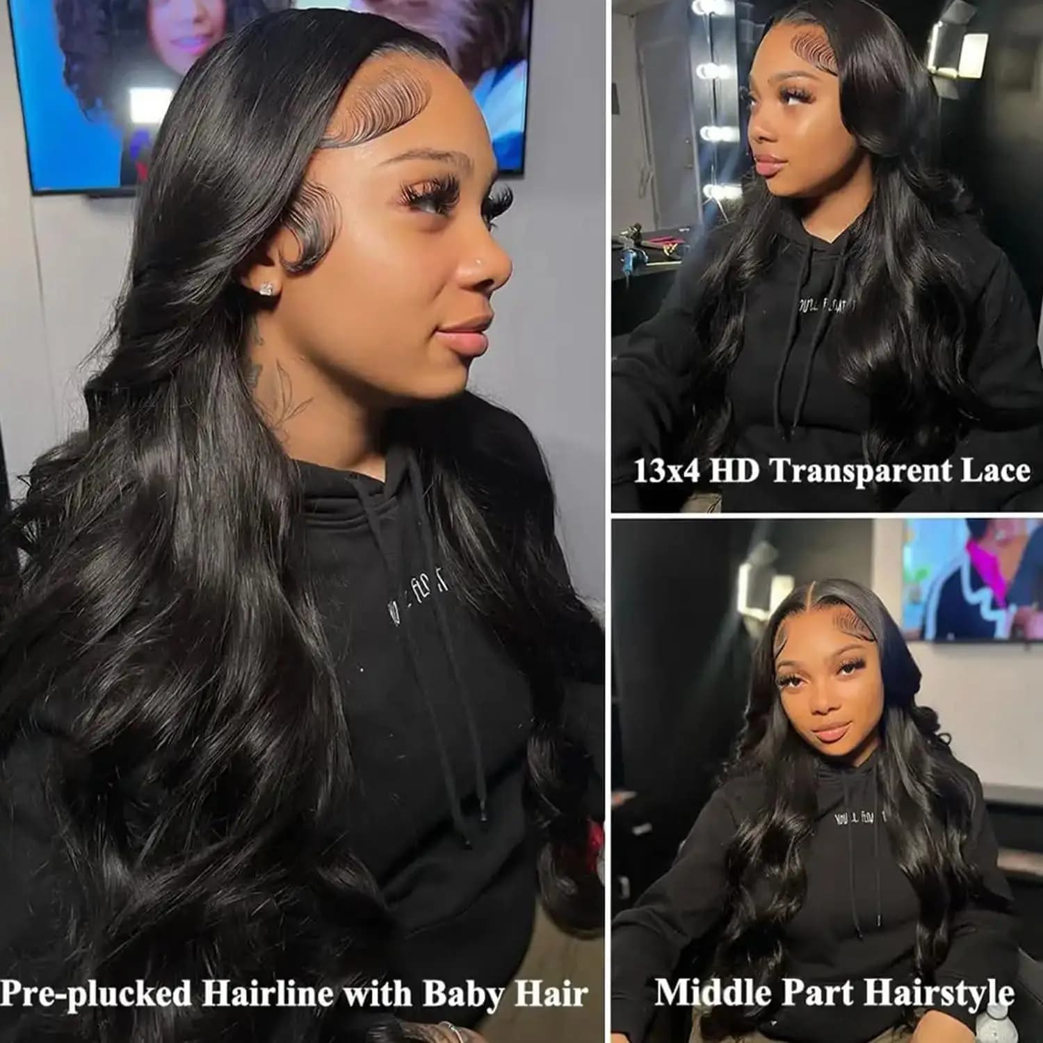 Perruque Lace Front Wig naturelle malaisienne, cheveux naturels, noir naturel, pre-plucked, densité 