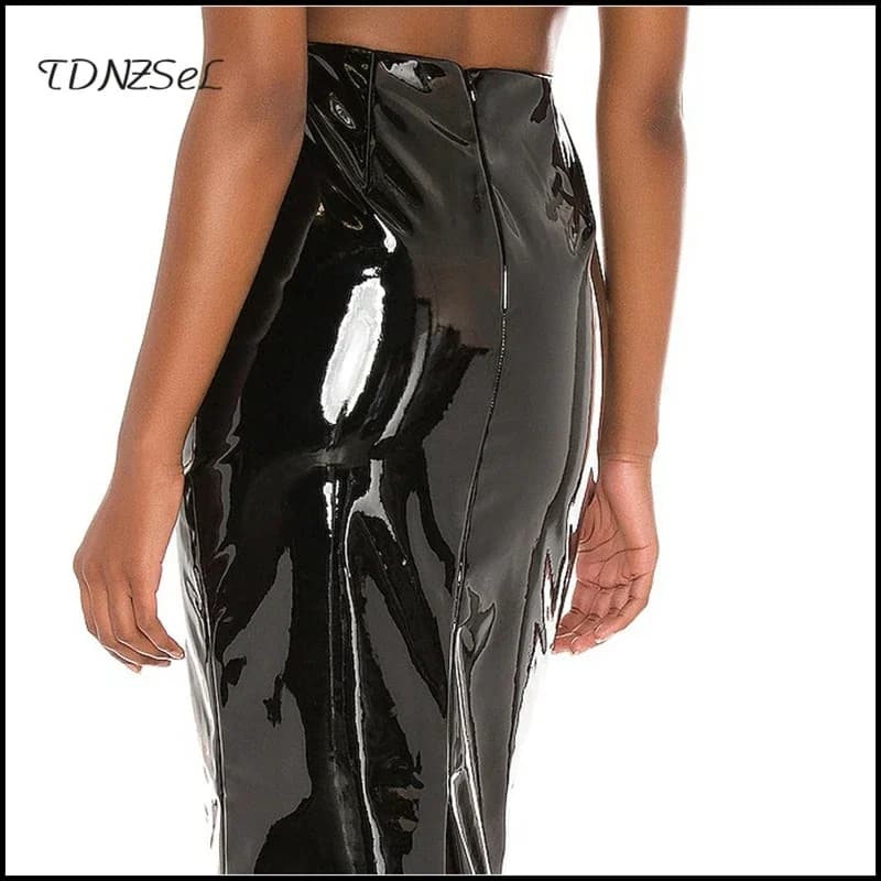 Jupes mi-longues en cuir de latex brillant pour femmes, taille haute, mince, dame de bureau, command