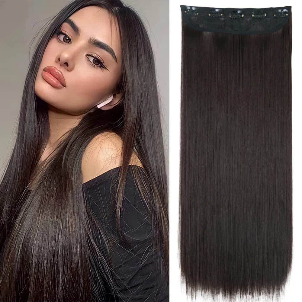 Extension capillaire synthétique longue et lisse à Clip, 5 Clips, faux cheveux blonds, bruns et noir
