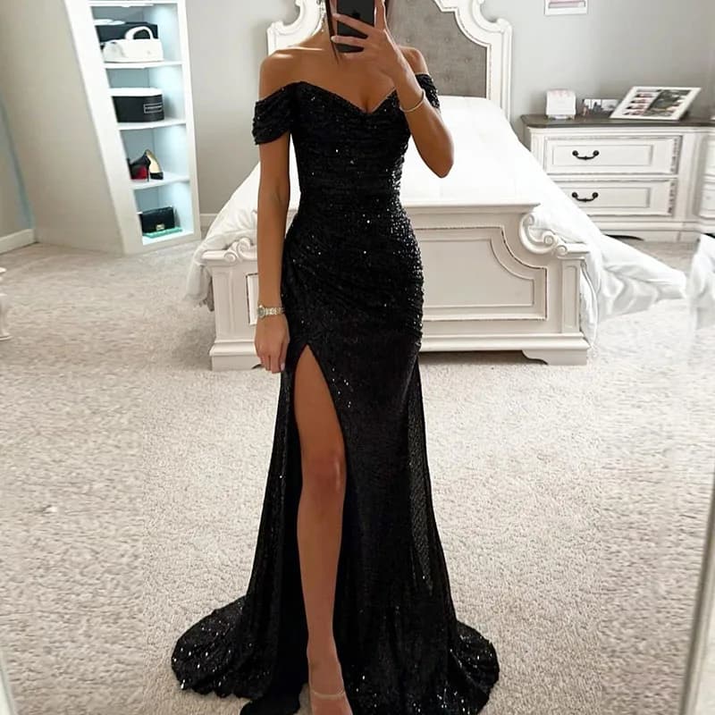 Robe de soirée longue à paillettes pour femmes, col slash, fente haute, hanches minces Sharkly, prin