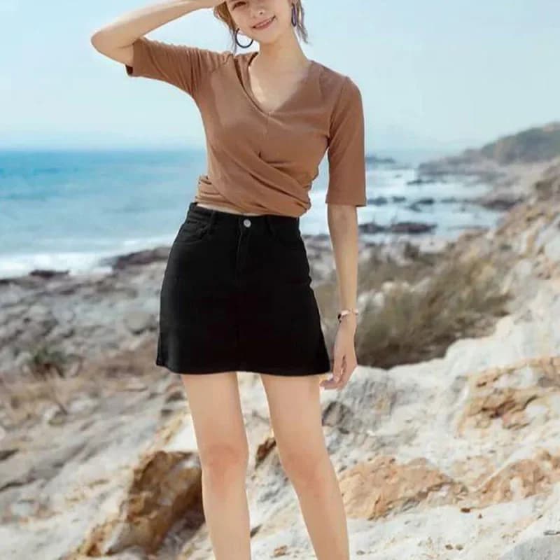 Lucyever-Mini jupe trapèze taille haute pour femme, jupes courtes basiques, style coréen, poches, no