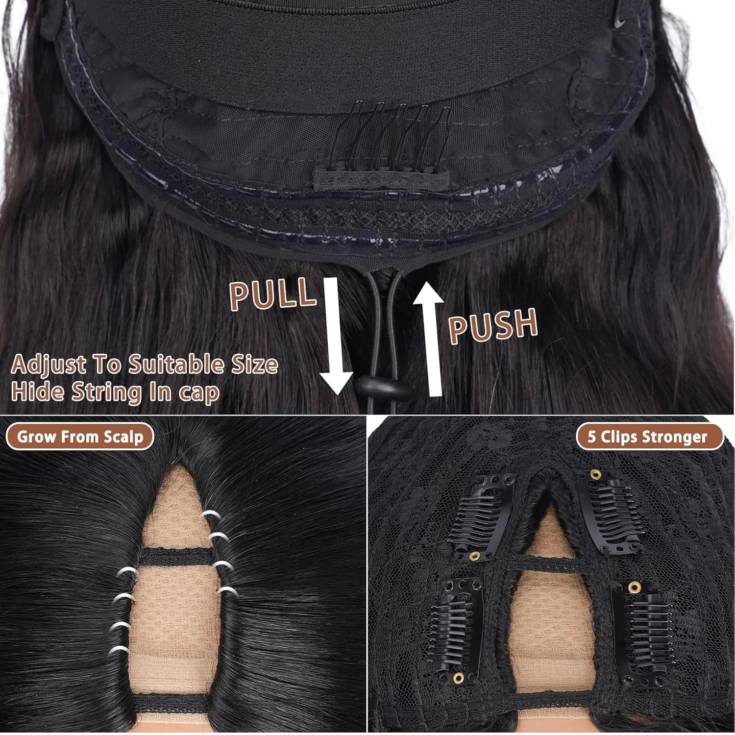 Perruque en cheveux humains à partie en V droite, améliorée, sans colle, demi-perruque à clipser ave
