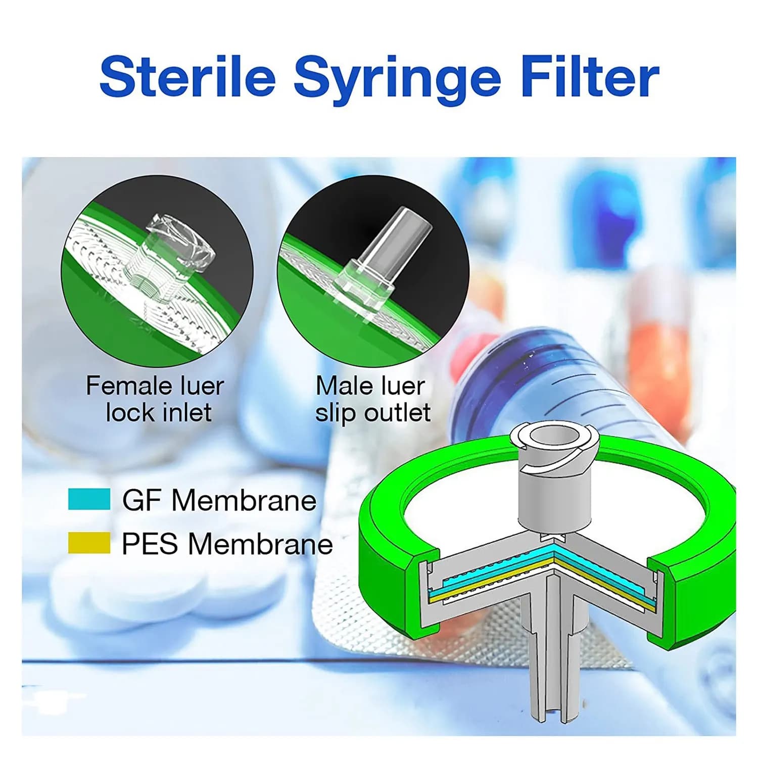 Sterys-Seringue filtrante Dau10, diamètre de la membrane de 33mm, taille des pores de 0,22mm, filtre
