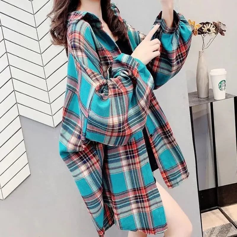 Tunique à manches longues pour femmes, chemises à carreaux, décontracté, 3XL, adt, vintage, Harajuku