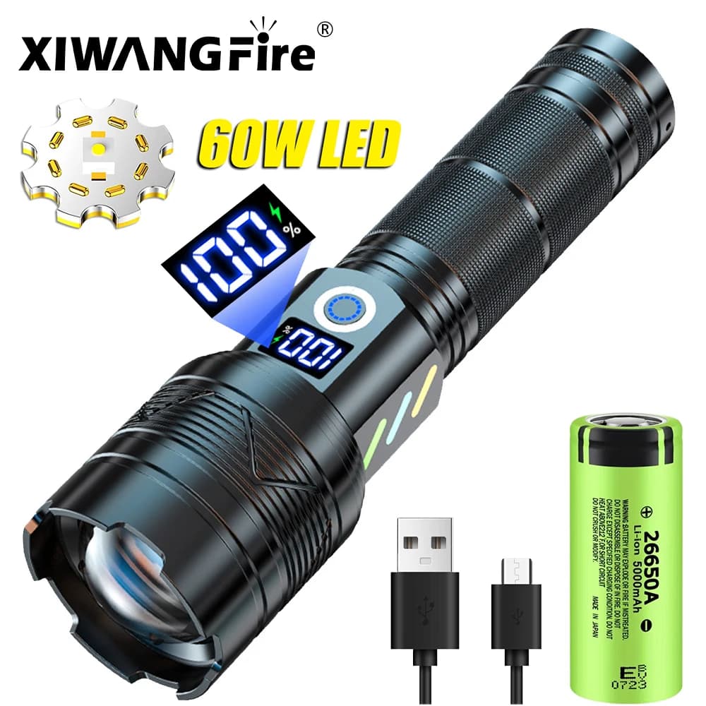 Lampe de poche LEP longue portée, haute puissance, lumière forte, chargeur USB, batterie au Lithium 