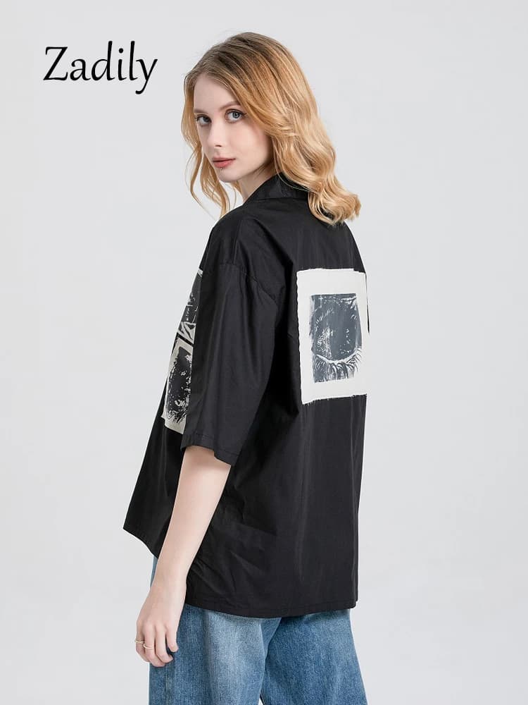 Zadily 2025 été Y2k chemise à manches courtes femmes Patch conçoit boutonné chemisier ample tunique 