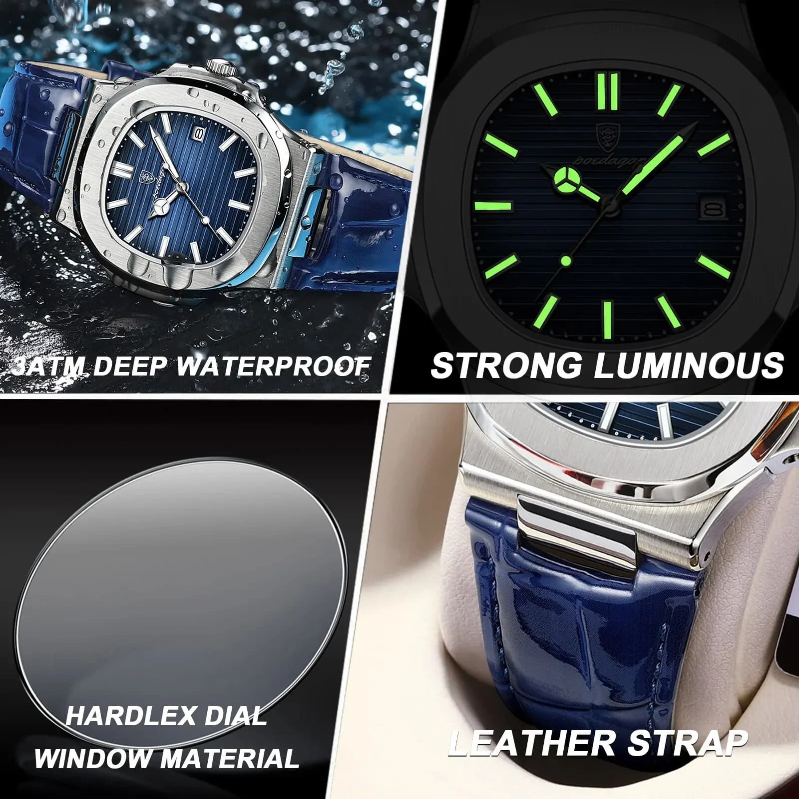 POEDAGAR haut de gamme carré homme montre Date étanche lumineux hommes montre-bracelet de haute qual