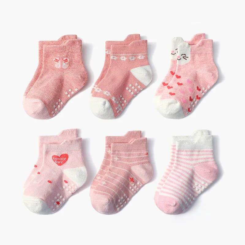 6 paires de chaussettes antidérapantes pour filles, motif de fleurs et de cœurs, pour enfants, bébés