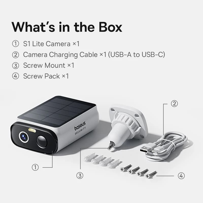 Baseus Security S1 Lite Caméra de sécurité solaire Caméra extérieure sans fil Alimentation continue 