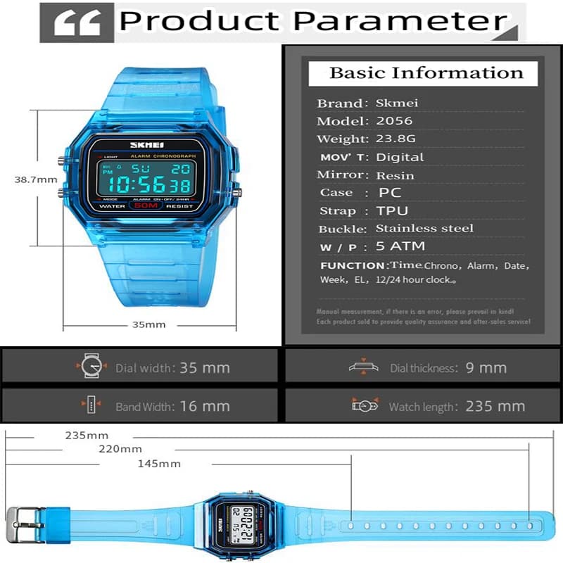 Skmei-Montres numériques étanches pour femmes, boîtier transparent, bracelet en TPU, LED, montre-bra