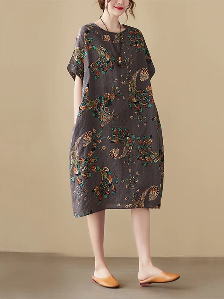 Robes midi d'été décontractées et amples pour femmes, en coton et lin, à manches courtes, imprimé vi