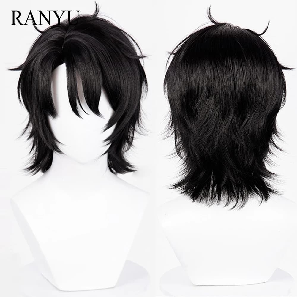 Perruque synthétique courte et lisse noire moelleuse pour hommes, perruque de Cosplay de jeu animé r