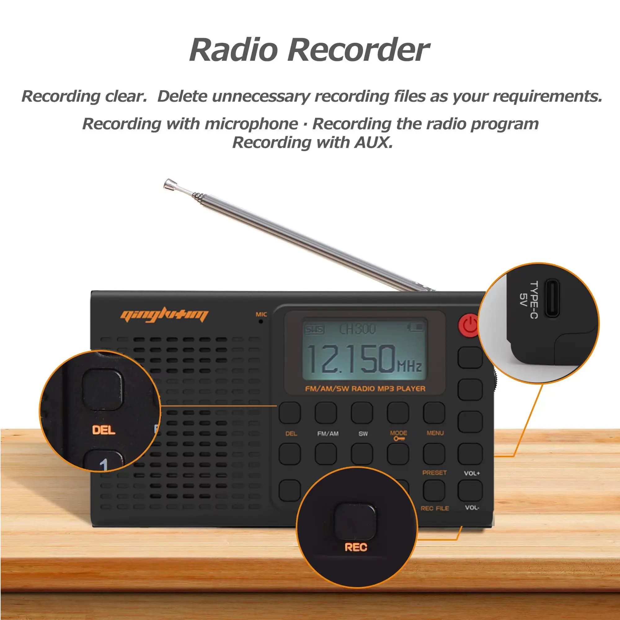 Enregistreur radio Bluetooth portable pleine bande, AM, FM, SW, radio numérique aste, prise en charg