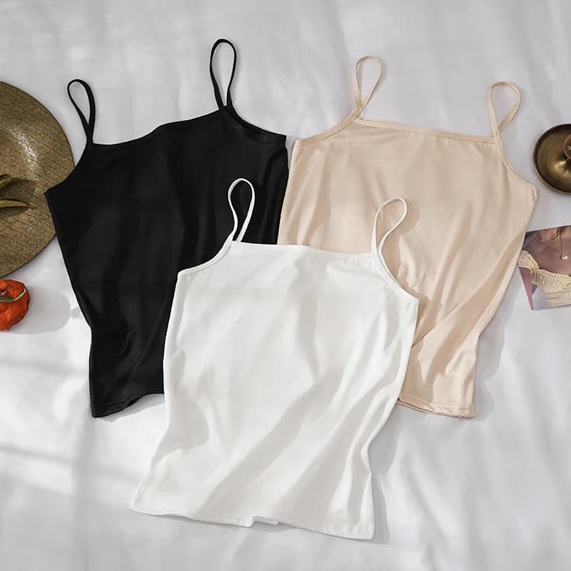 Nouveau couleur unie débardeurs coton doux Spaghetti sangle culture hauts été décontracté Camisole s