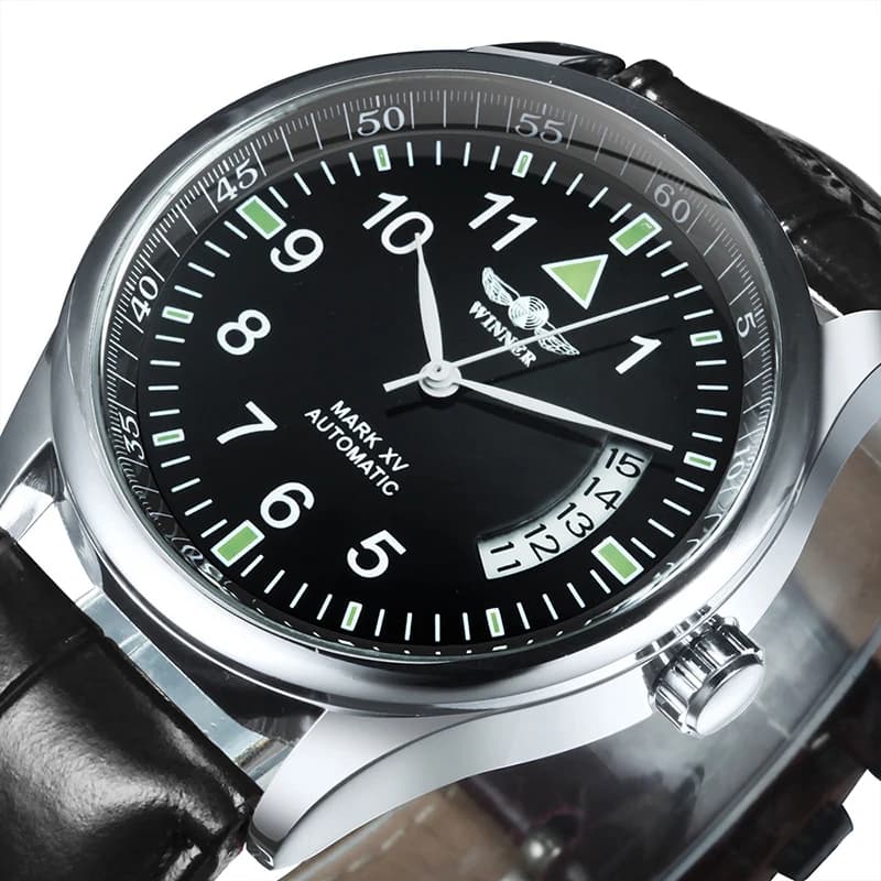 Montre automatique WINNER pour homme, fenêtre de calendrier, cadran noir tendance, bracelet en cuir 