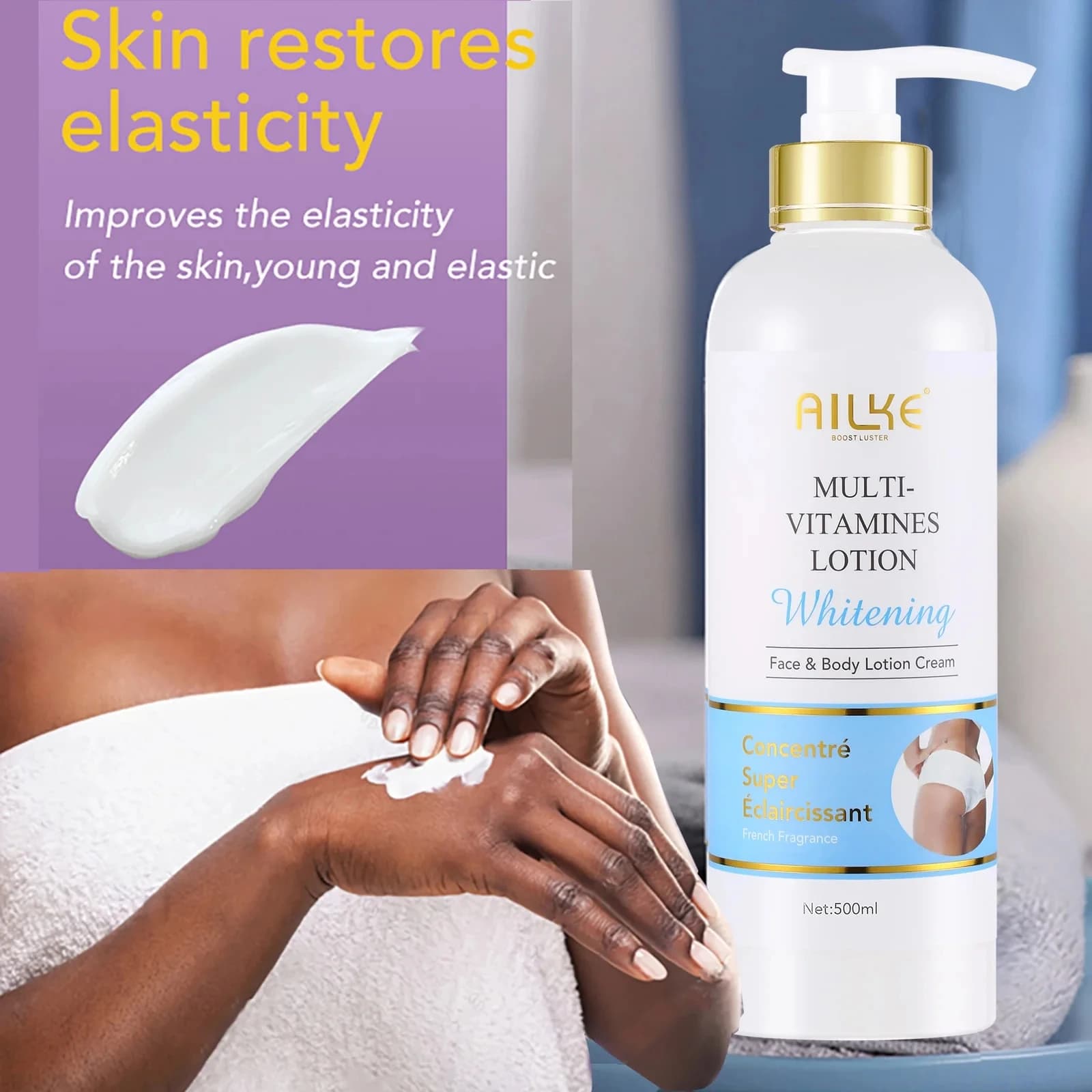 AILKE Lotion pour le corps blanchissante multi-vitamines avec vitamines A,E,B3,B5, augmente l'éclat 