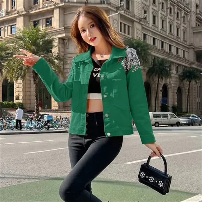 Veste Courte en Denim pour Femme, Couleurs Bonbons, Manteau en Jean avec Rivets Appliqués, pour Étud