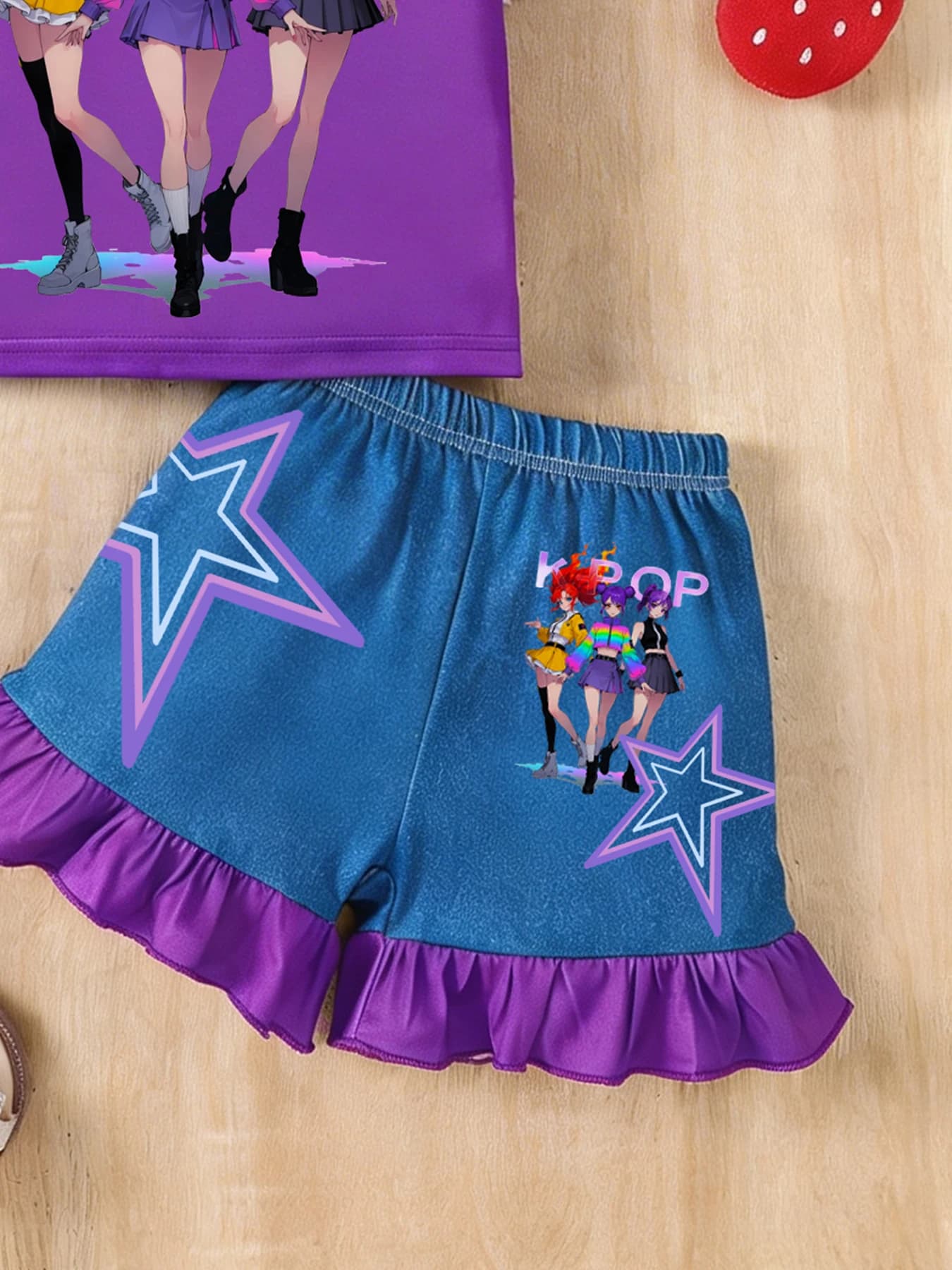 Ensemble 2 pièces tendance pour filles : T-shirt à manches courtes et short à volants, motif K-Pop A