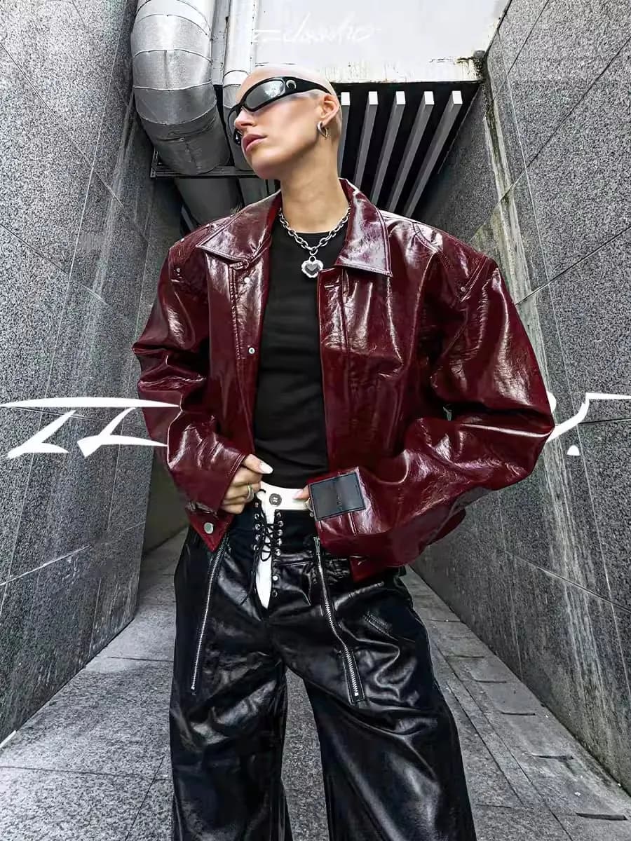 Lautaro automne Cool court surdimensionné veste en cuir Pu femmes épaulettes fermeture éclair de hau