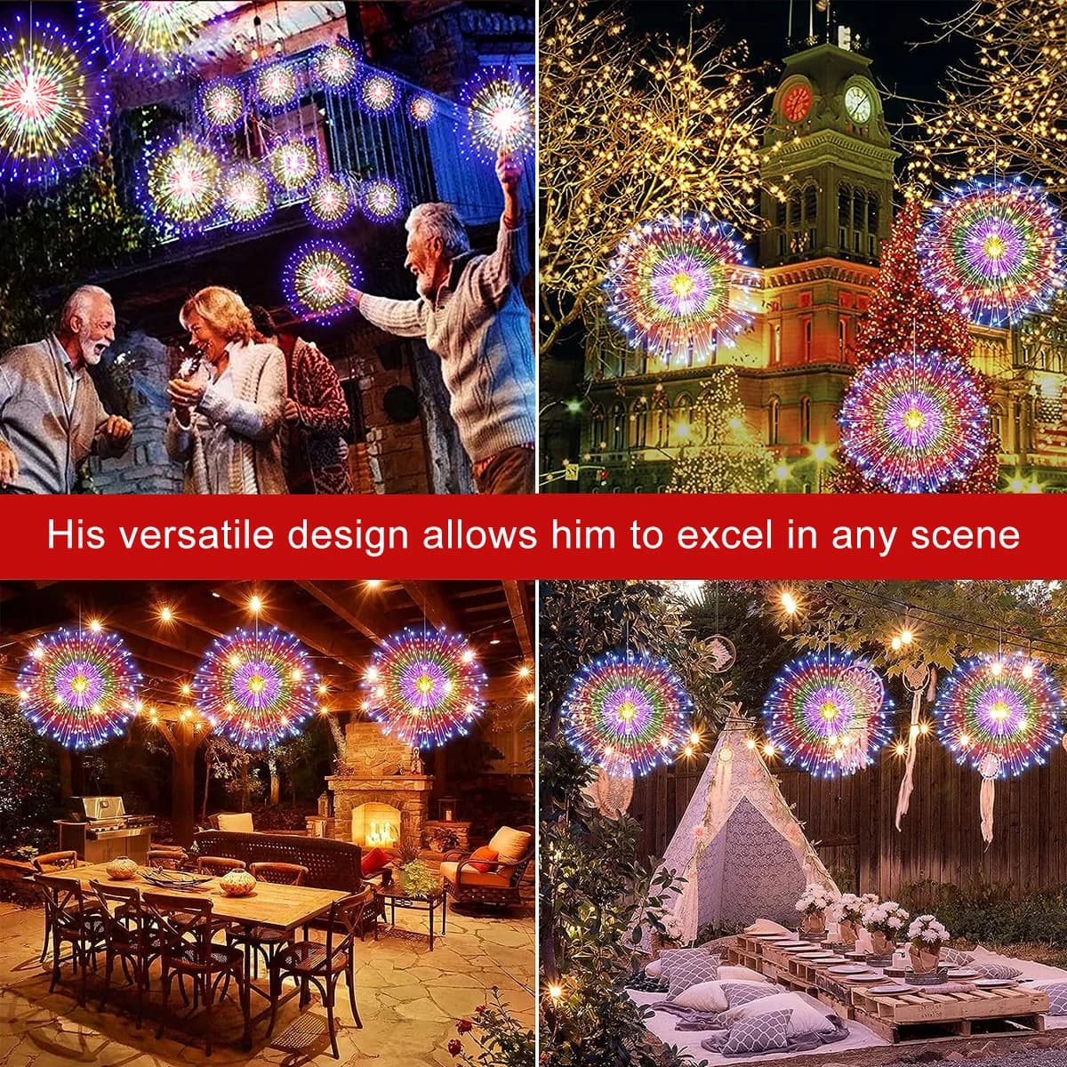 Feux d'artifice solaires d'extérieur, 90/150/200 LED, 8 Modes, guirlande lumineuse suspendue en fil 