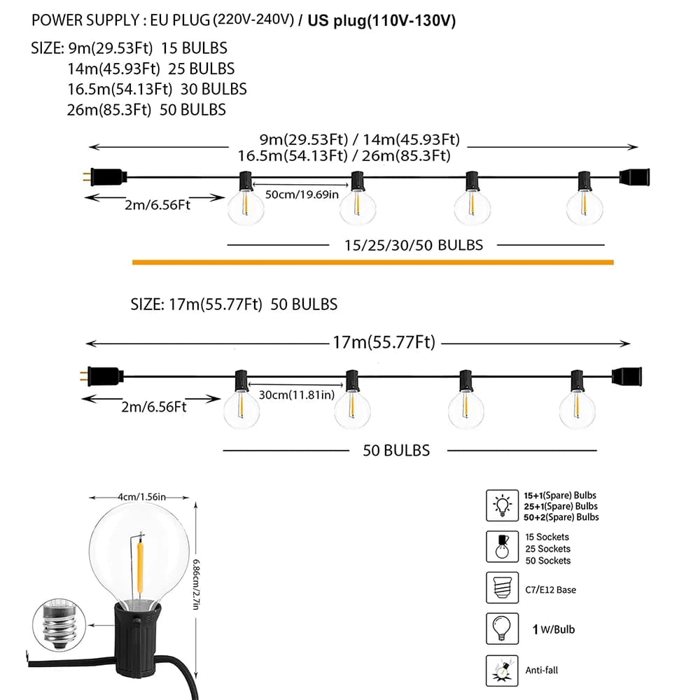 Guirlande lumineuse d'extérieur LED G40, variable, ampoules Globe, pour rue, Patio, jardin, arrière-