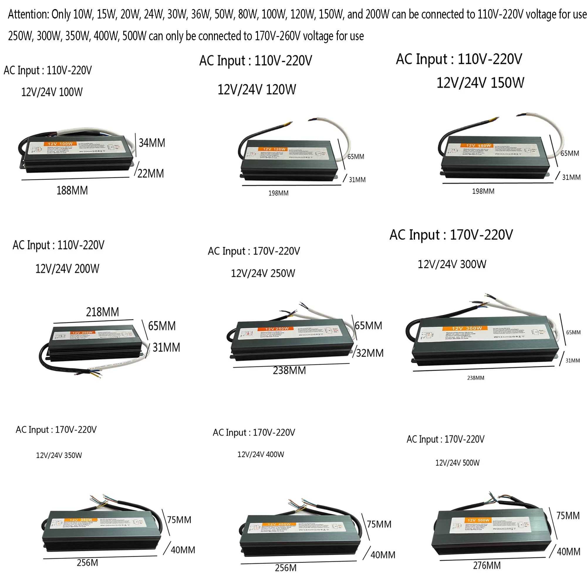 Transformateur d'éclairage étanche IP67, AC110V ~ 220V à DC 12V 24V, pilote LED 10W 20W 50W 100W 400