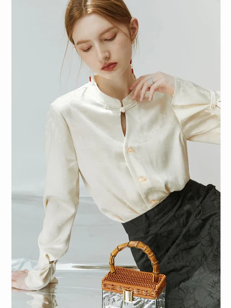 FSLE-Chemise boutonnée à l'acide acétique pour femme, style chinois, impression de peinture de paysa