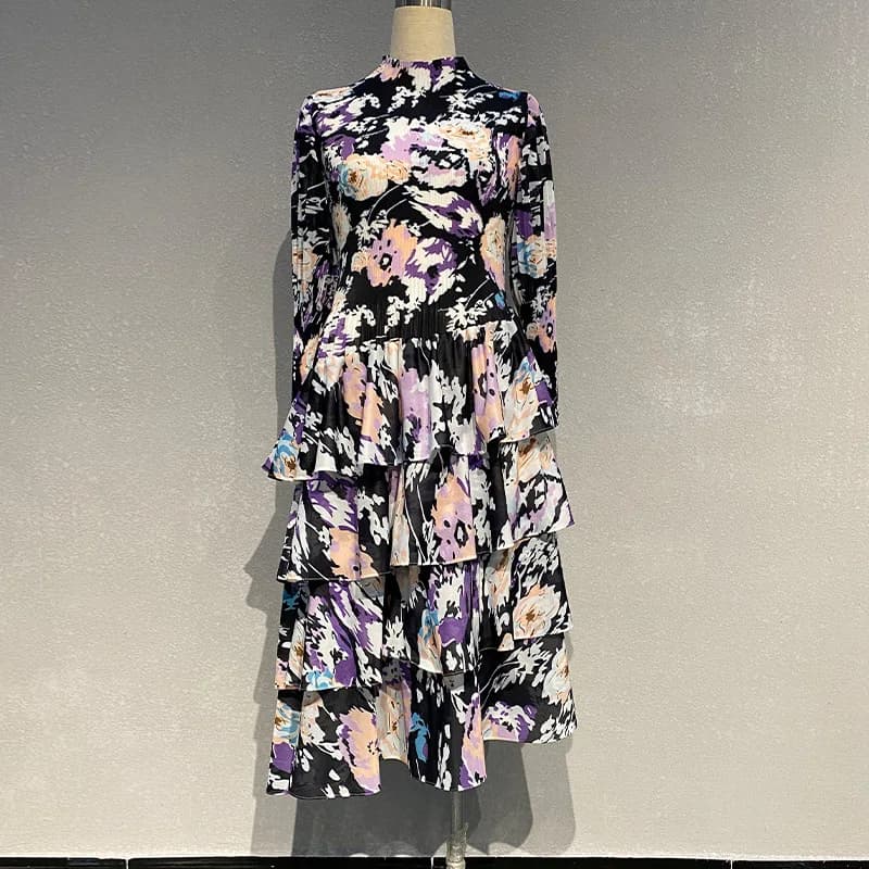 Robe mi-longue plissée de style étranger pour femmes, jupe à bulles vintage, imprimé floral, taille 