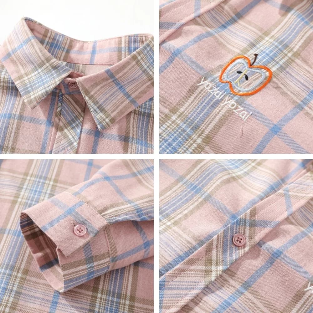Chemisier à carreaux oversize pour femme avec broderie pomme – Blouses et chemises décontractées ten