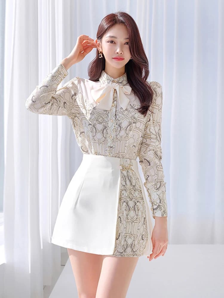 Chemisier en Y imprimé vintage pour femme, mini jupe courte, tenue de bureau élégante, chic formel, 