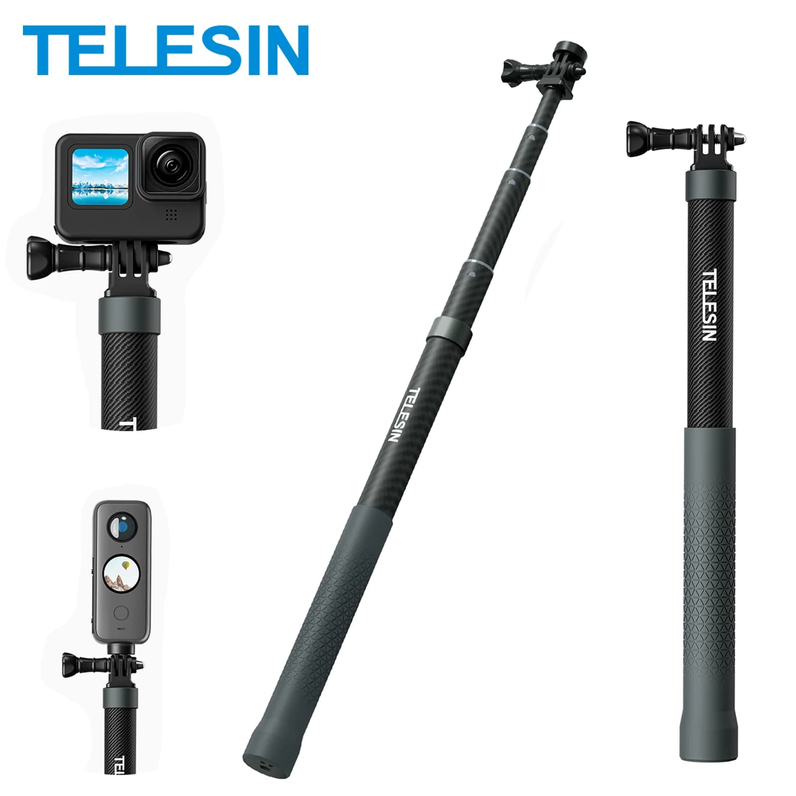 TELESIN-Perche à selfie monopode en fibre de carbone, longueur réglable, extensible avec vis 1.2, 3m