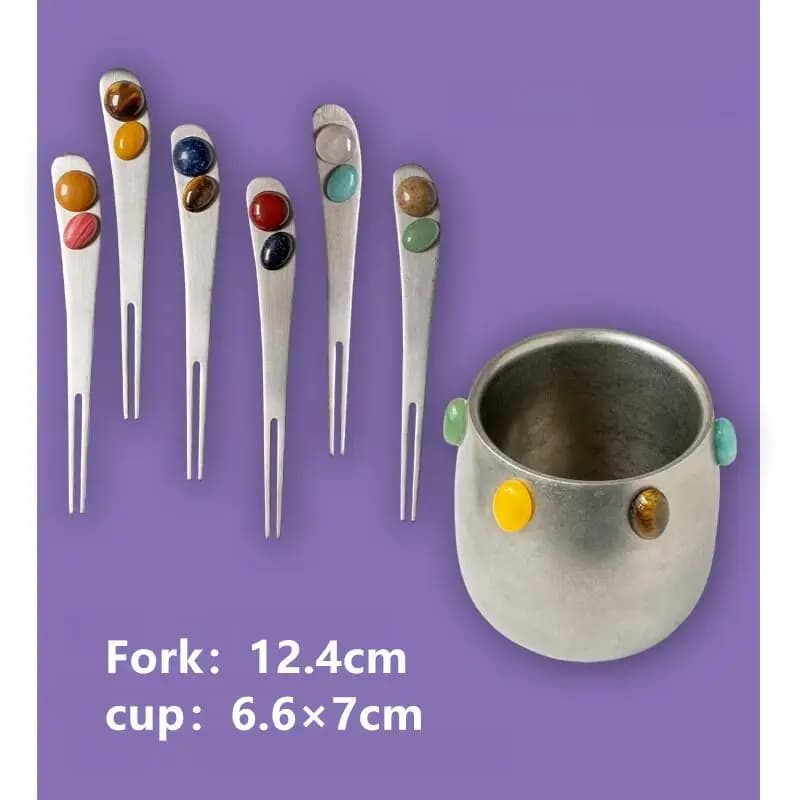 Ensemble de fourchettes à fruits en pierre de jade rétro luxueuses, en acier inoxydable 304, faites 