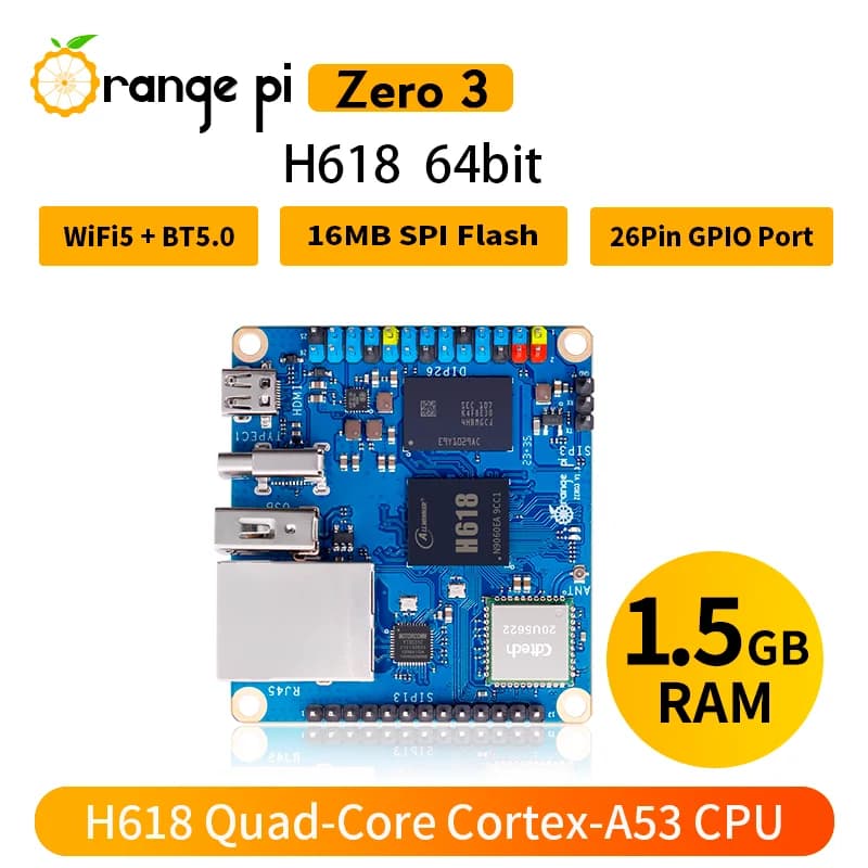 Orange Pi-Carte de développement Zero3 Allwinner H618, 1.5 Go RAM, 64 bits, USB 2.0, WiFi5 + BT, 5.0