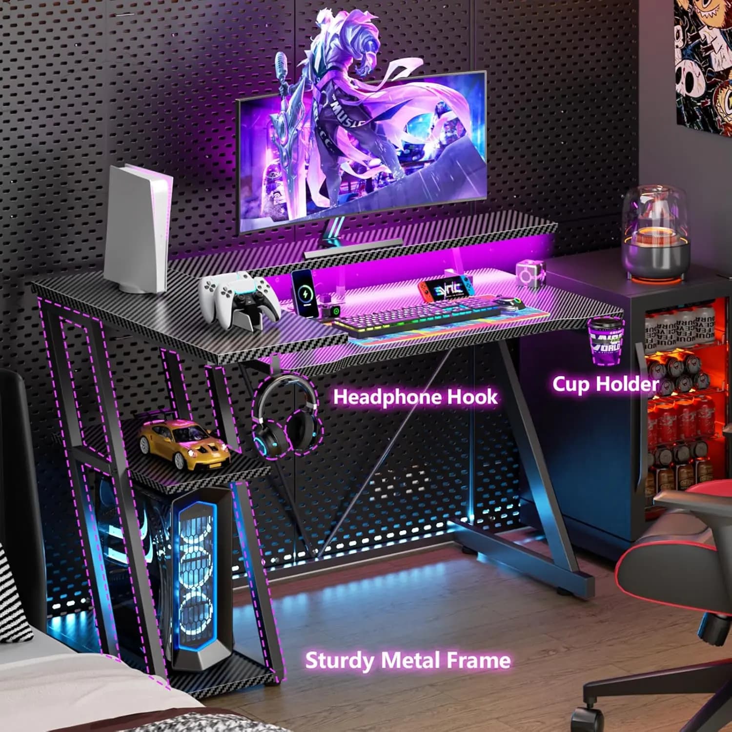 Bureau de jeu de 40 pouces avec prise de courant et éclairage LED, table de jeu informatique en form