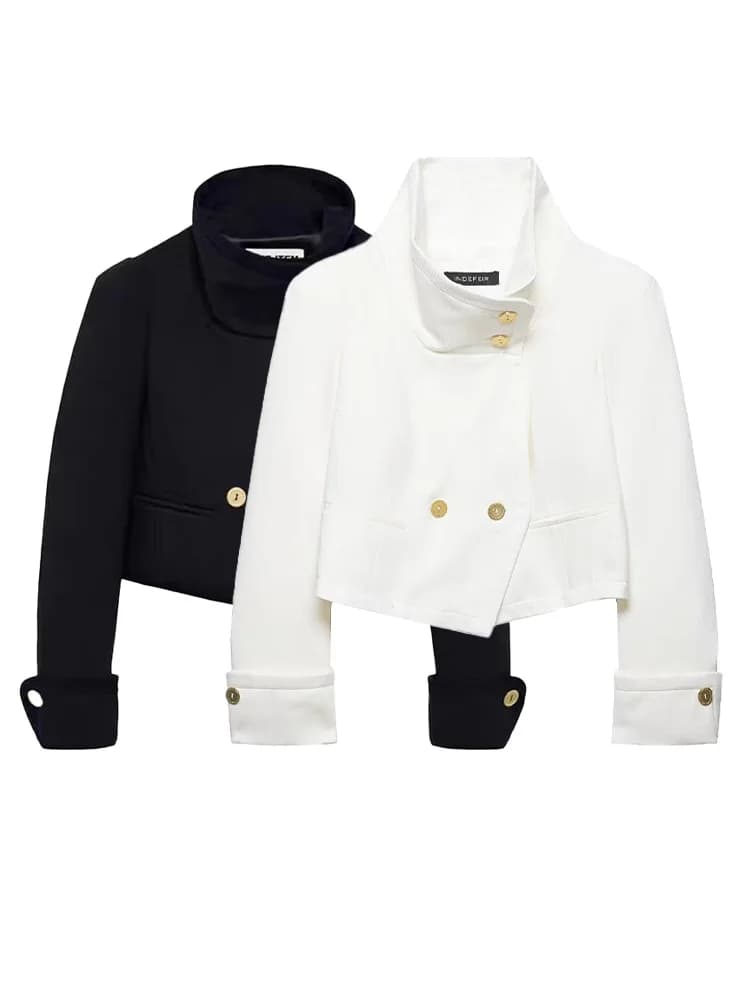 HH Femme 2026 Nouvelle Mode Manteau Court Uni à Col Montant et Double Boutonnage, Chic Vintage avec 