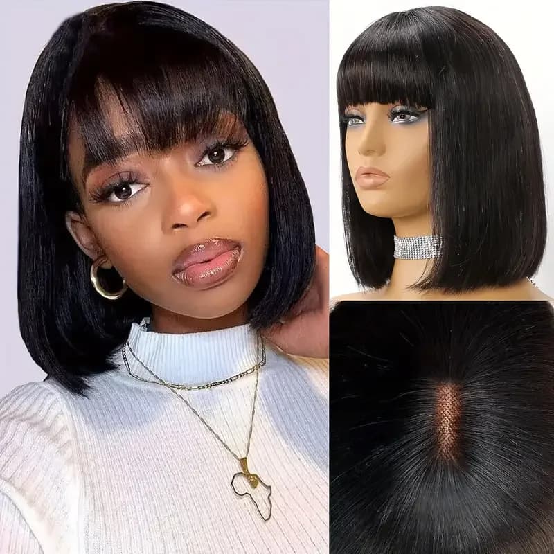 Lafino perruque droite perruques de cheveux humains avec frange frange partie centrale Bob dentelle 