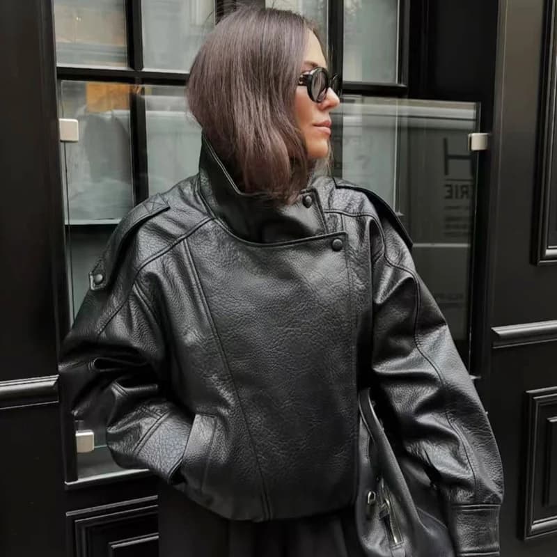 HXAO Veste bombardier asymétrique en simili cuir pour femme, courte, noire, surdimensionnée, à la mo