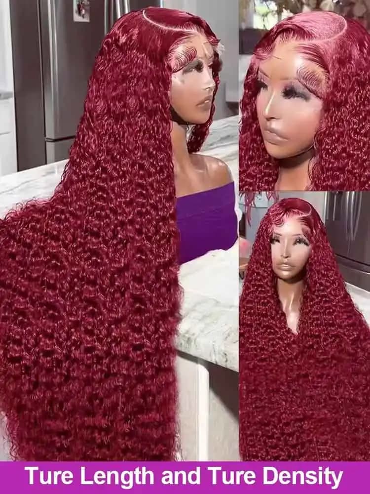 99J bordeaux 250 densité 13x4 HD dentelle avant perruques cheveux humains vin rouge 30 pouces vague 