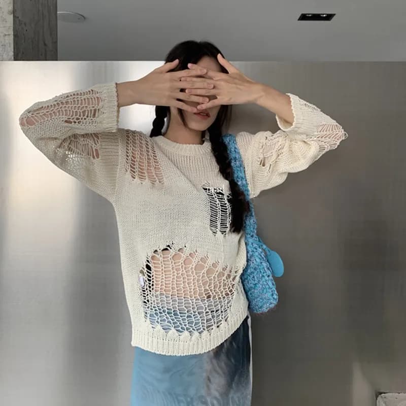 Karrram – pull gothique ajouré, surdimensionné, transparent, Streetwear, vêtements Grunge Y2k, print