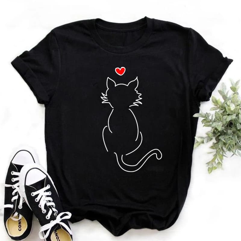 T-shirt manches courtes femme, estival et décontracté, humoristique, avec note de musique, chat noir