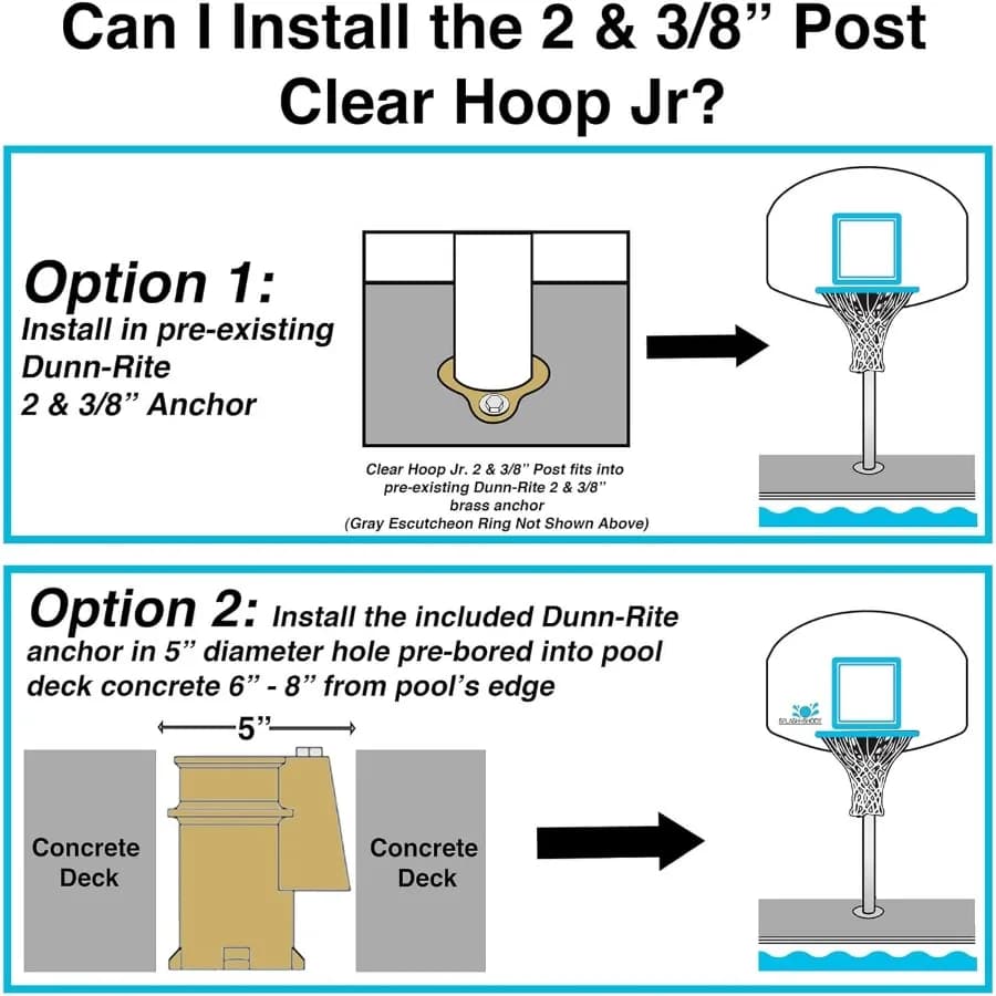 Cerceau de basket-ball au bord de piscine Clear Hoop Jr. monté sur le pont avec ballon, ancre en lai