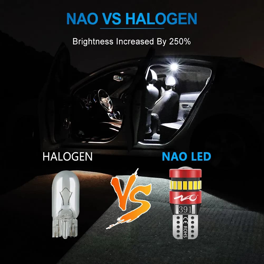 NAO – éclairage intérieur de voiture T10, LED W5W 1.8W, ampoule Super brillante 12V, 3030 3014 puces