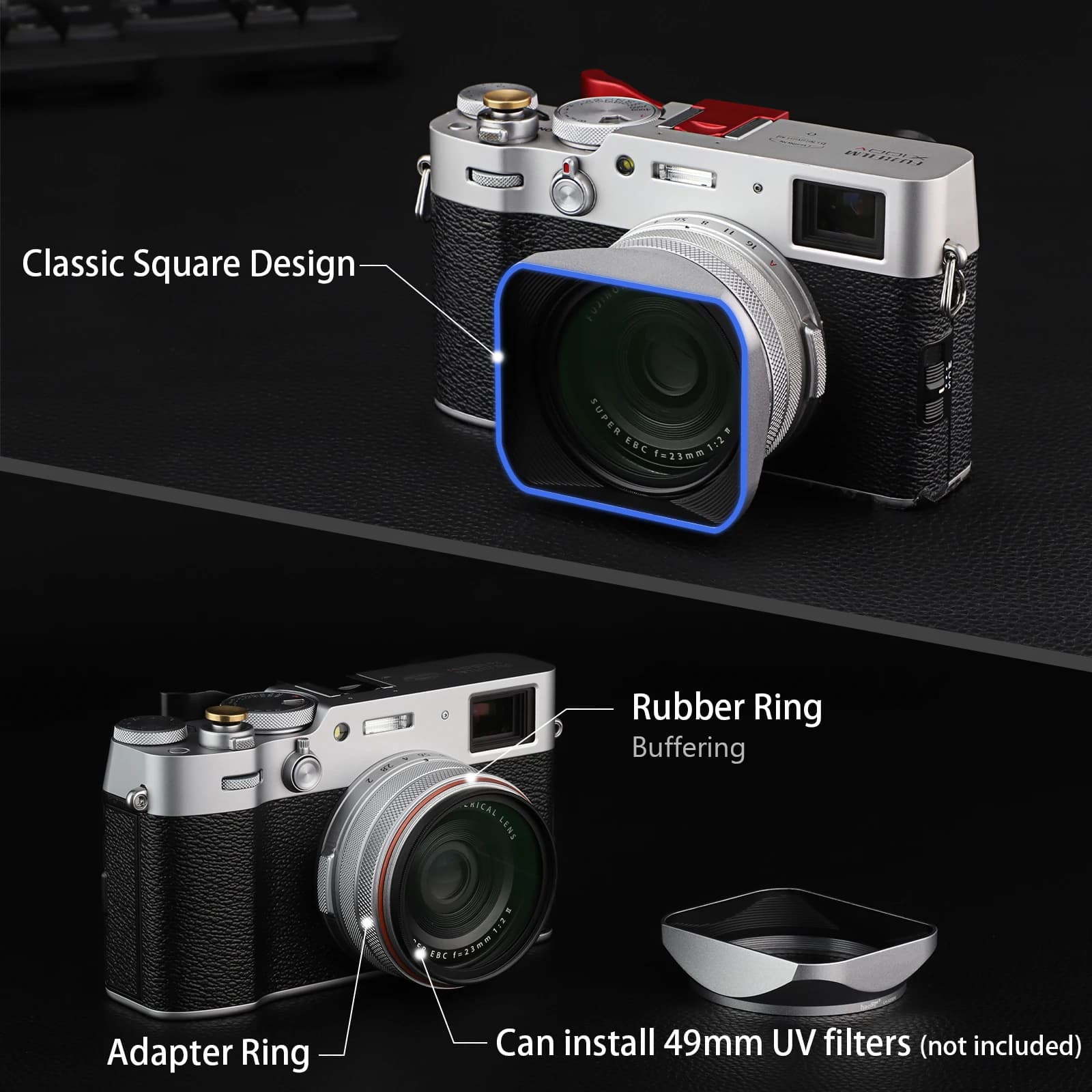 Haoge – pare-soleil carré en métal avec capuchon et anneau d'adaptation de 49mm, pour appareil photo
