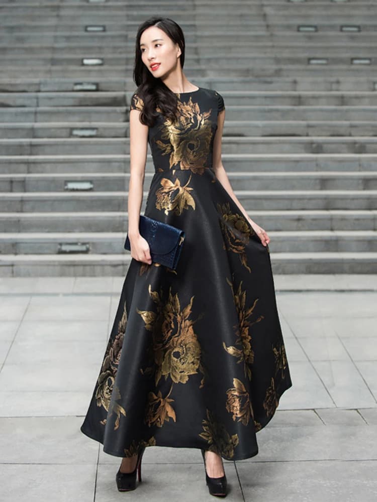 Robe Jacquard Vintage Élégante pour Femmes avec une Silhouette Maxi Évasée Cintrée à la Taille, Idéa