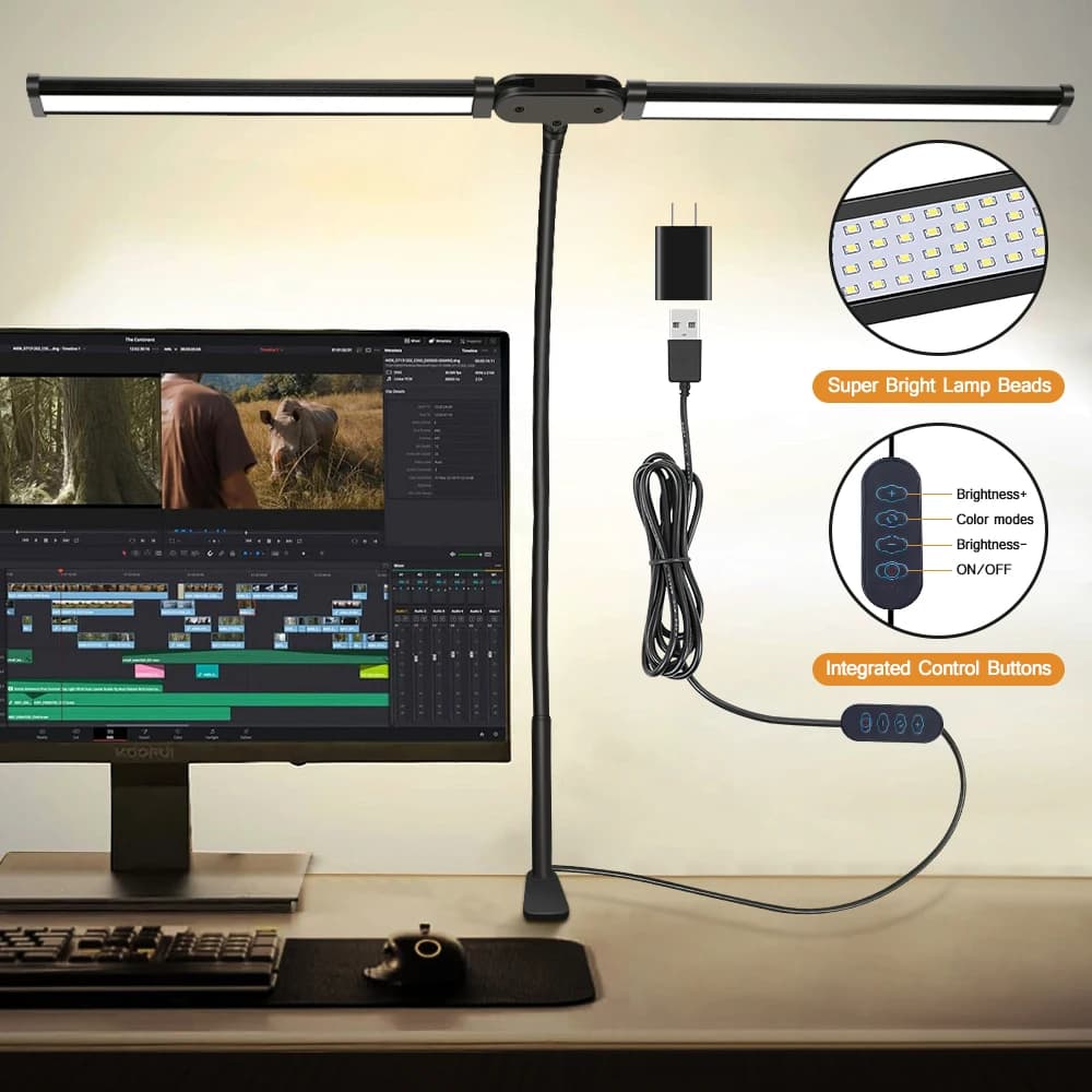 Lampe de bureau LED à Double ou simple tête, variable, pour moniteur PC, lampes de Table USB, lampes