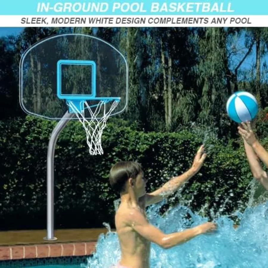 Cerceau de basket-ball au bord de piscine Clear Hoop Jr. monté sur le pont avec ballon, ancre en lai