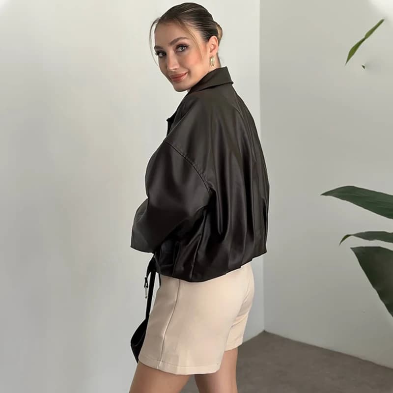 Veste en cuir tendance pour femme, blouson bomber vintage en similicuir, fermeture éclair unie, col 