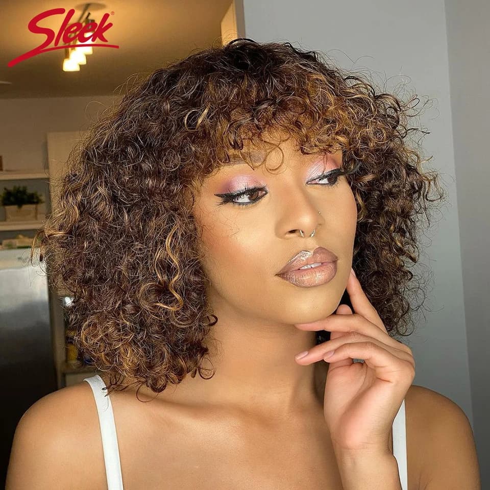 Jerry bouclés court Pixie Bob coupe perruques de cheveux humains avec frange sans colle perruque met