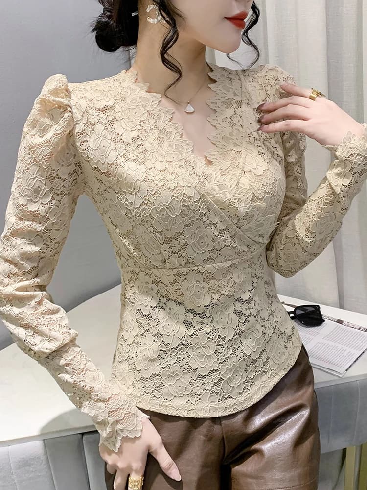 T-shirt à col en V croisé à manches longues pour femmes, simple couche, dentelle évidée, t-shirts mi